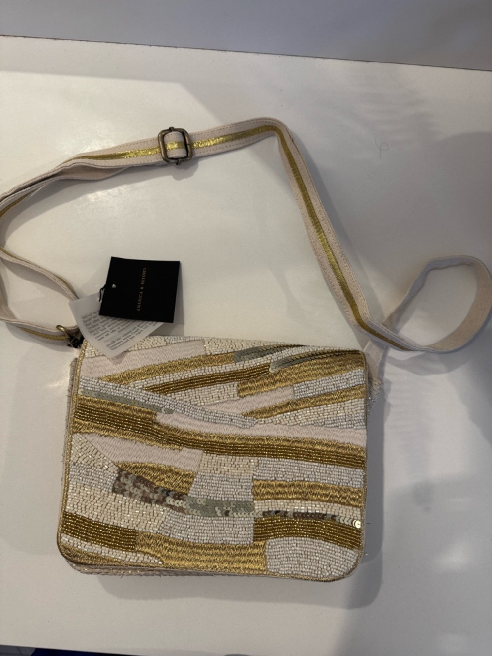Beaded Crossbody Bag in Cream and Gold